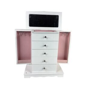 Wooden Jewelry Box off White 5 Drawers 2 Side Pockets Mirror 9 5/8x11 3/8"